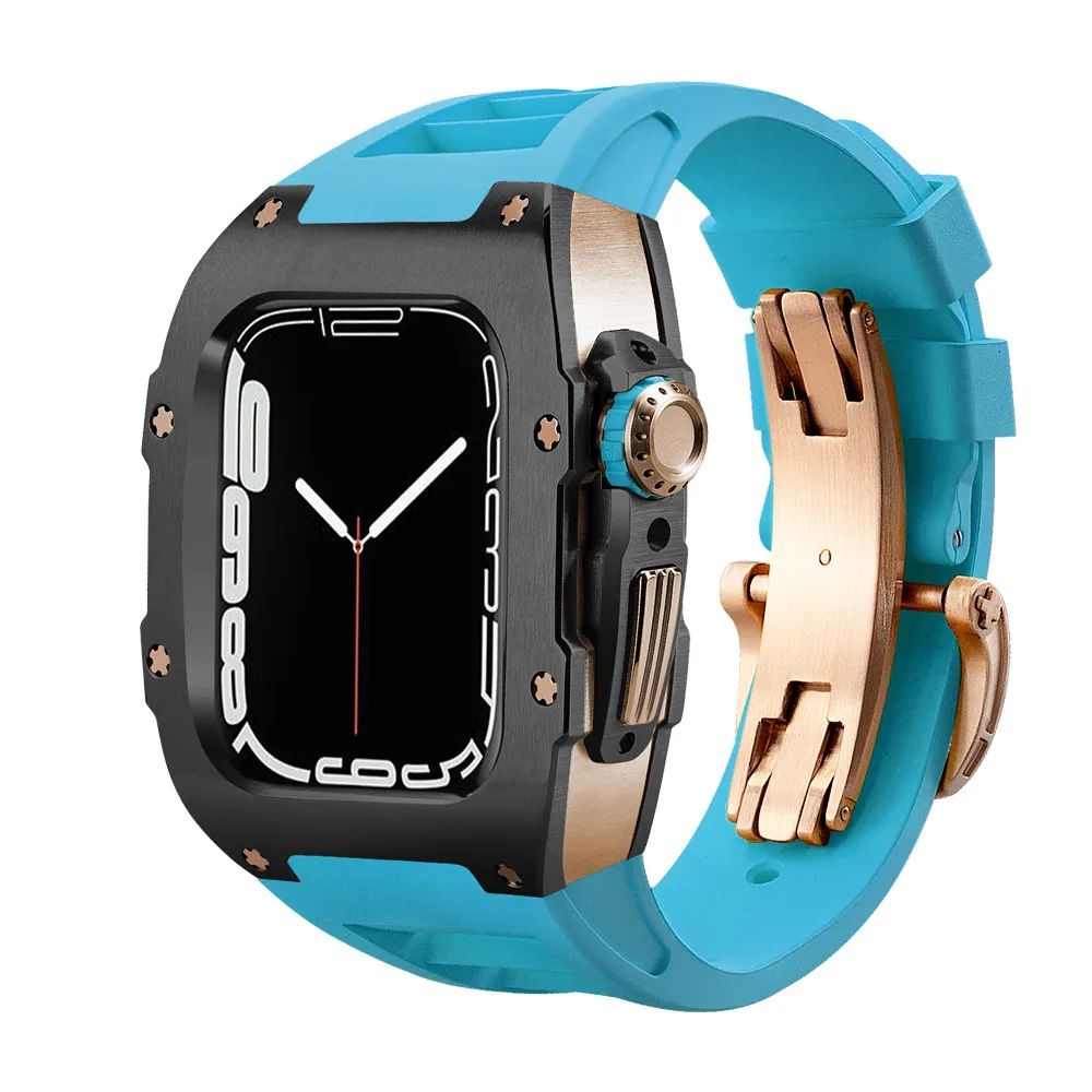 Black Stainless Steel Case/Blue Band/Rose Gold Buckle