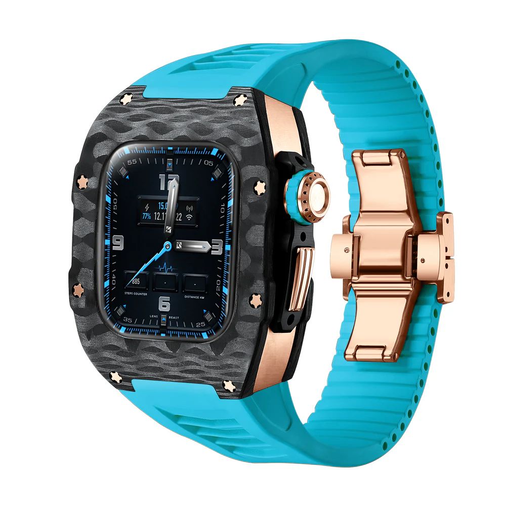 Carbon Fiber/Rose Gold Case+Blue Band+PVD Rose Gold Buckle