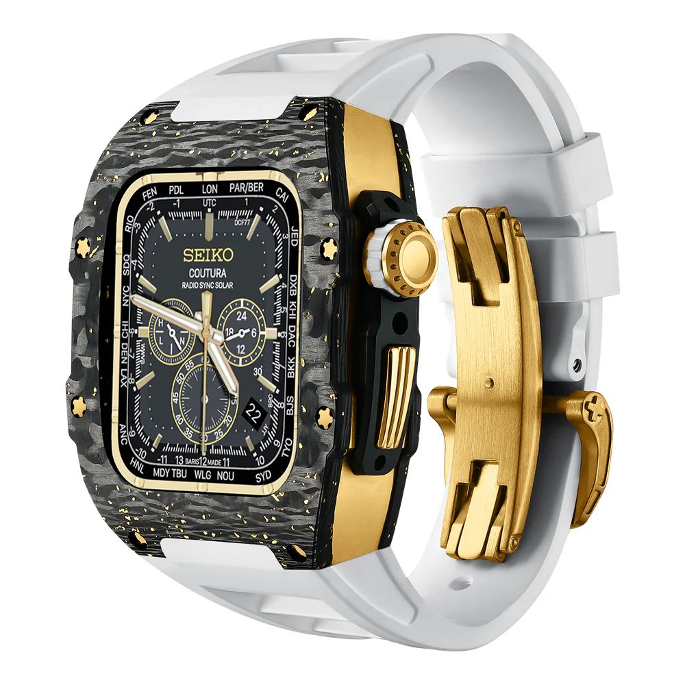 Carbon Fiber/Gold Case+White Strap+PVD Gold Buckle