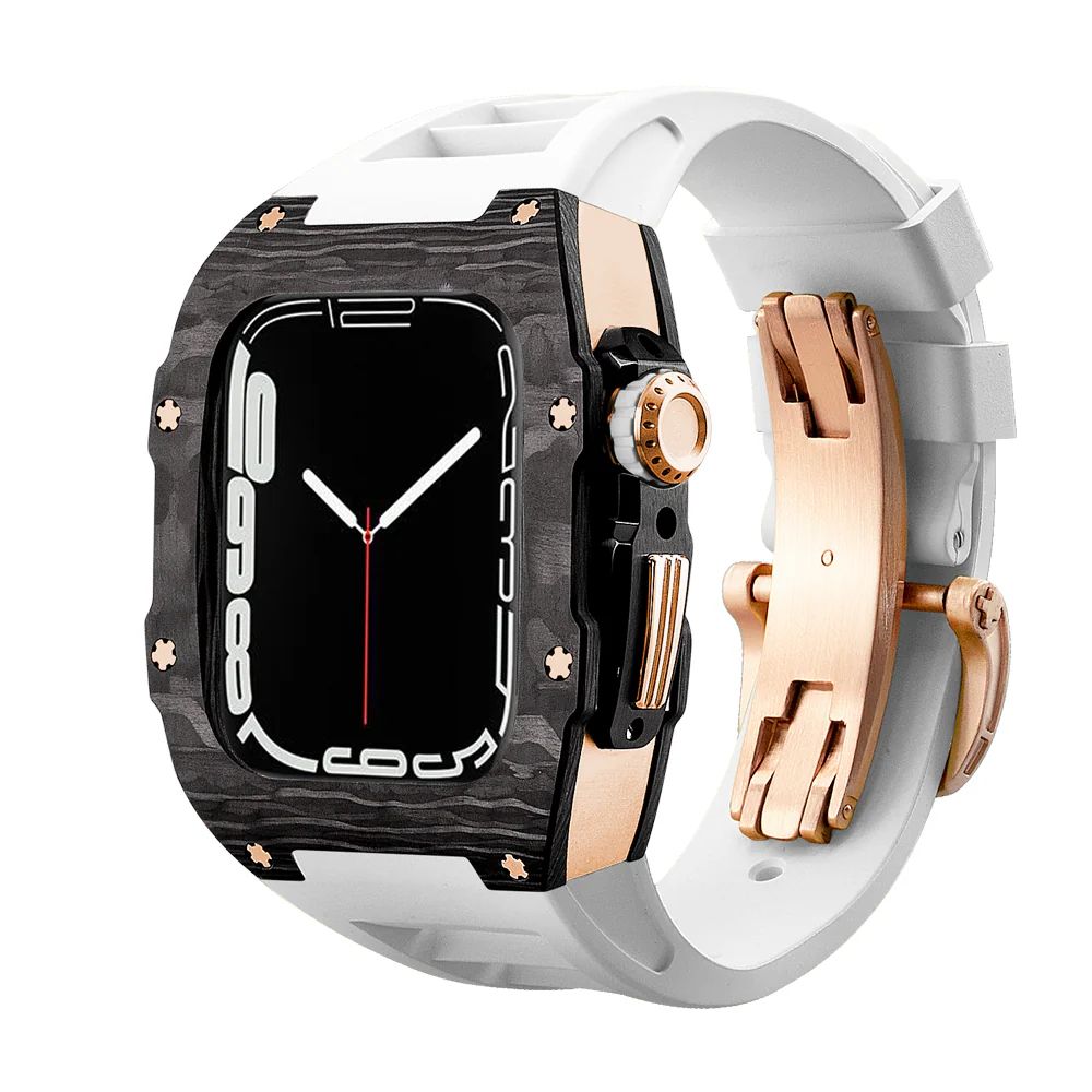 Carbon Fiber/Rose Gold Case+White Strap+Black Buckle