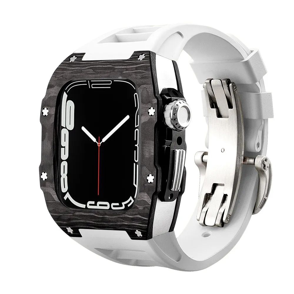 Carbon Fibre Case/White Band/Silver Buckle