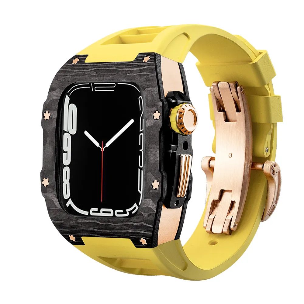 Carbon Fibre Case/Yellow Band/Rose Gold Buckle